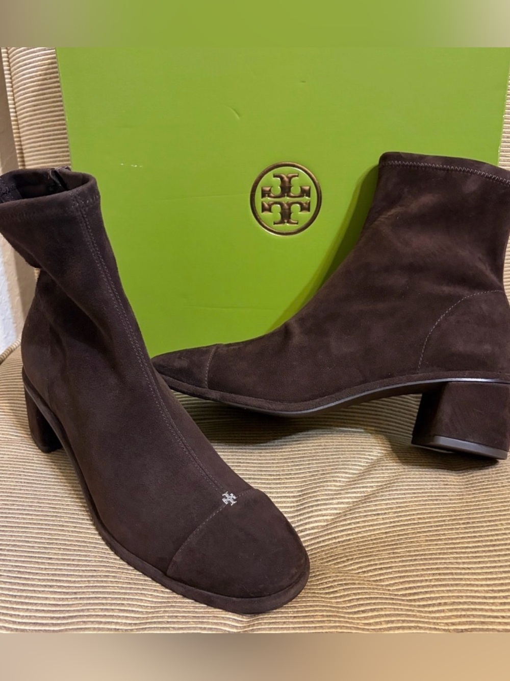 Tory Burch Women’s Suede Cap-Toe Block Heel Ankle Boot in Dark Cocoa - Size 8.5